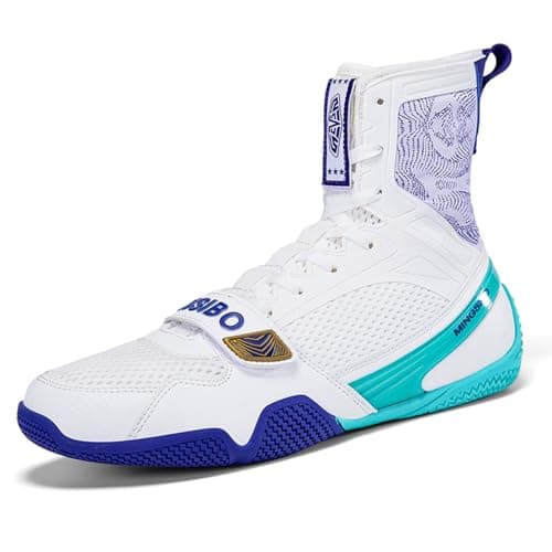 BLBK Chaussure de Boxe Anglaise Mixte Durable pour Lutte et Training High Performance — Blanc Bleu
